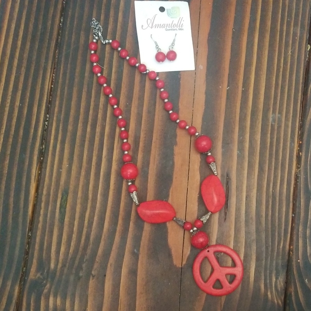 Long Handmade Piece Sign Necklace and Earings